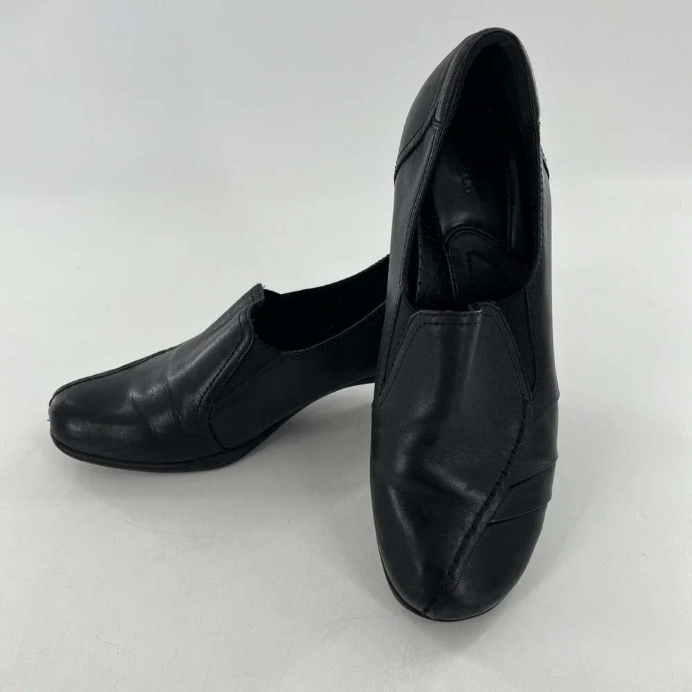 G H Bass & Co Leather Pump Low Chunky Heel Womens 9 M Black Kitten Ruched Tenley